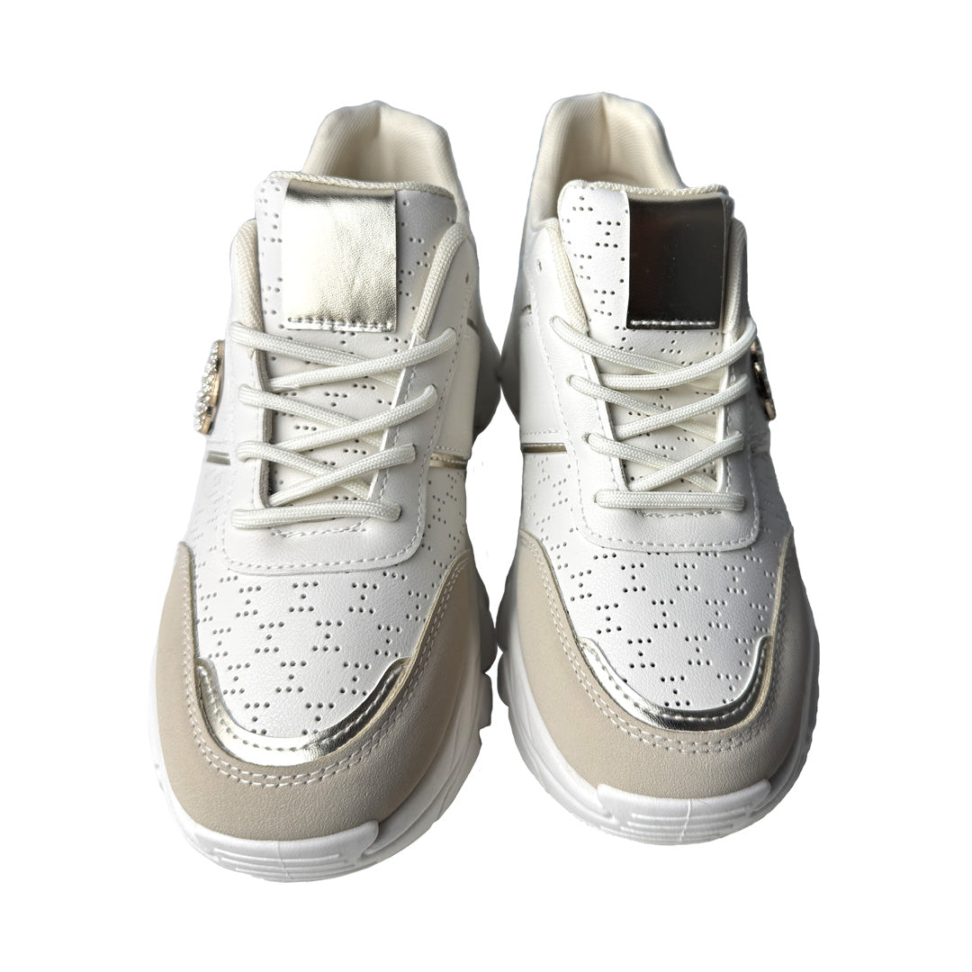 Sneaker panna e beige Defilè traforata con strass e suola carrarmato