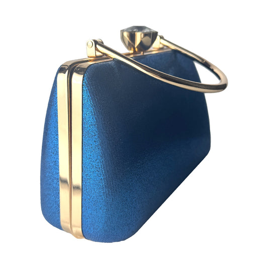 Clutch Defilé Blu Elettrico Satinata con Manico Oro e Fiore Gioiello