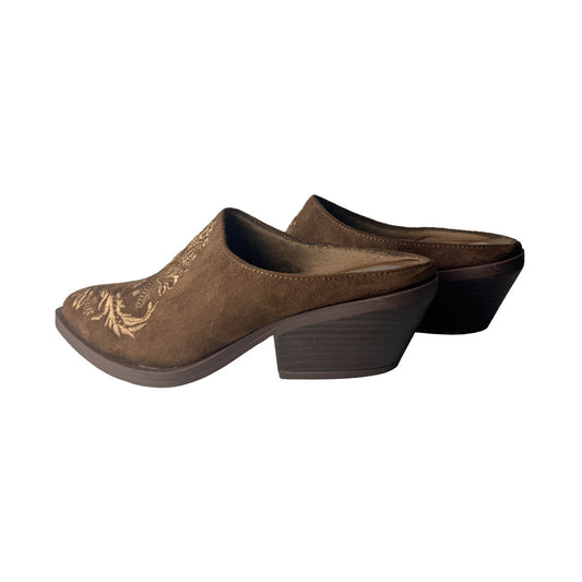 Sabot Donna Cognac in Camoscio con Ricamo Floreale Oro Defilè - Tacco a Blocco