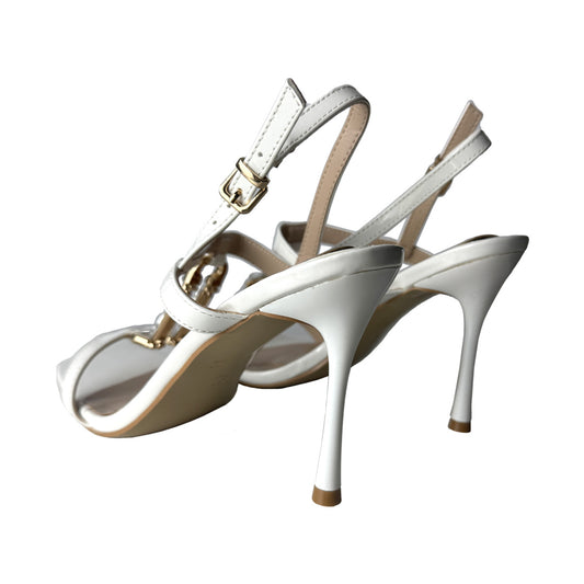 Defilè Sandalo Donna Bianco Vernice – Cristallo Baguette, Catena Oro e Stiletto 10 cm