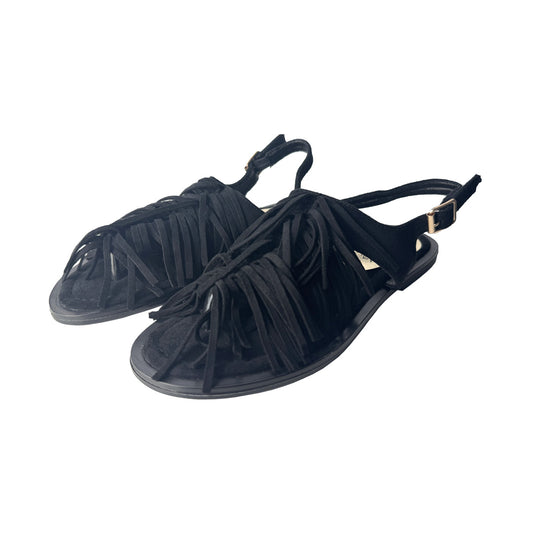 Sandalo Donna Flat con Frange in Camoscio Nero – Defilè