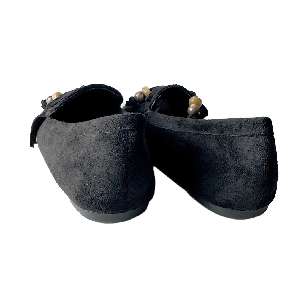 Mocassino Donna in Camoscio Nero con Frange e Perline – Defilè