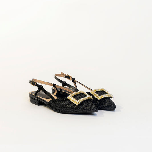 Slingback "Rosso di Sera" in Ecopelle Intrecciata – Nero con Dettaglio Perle