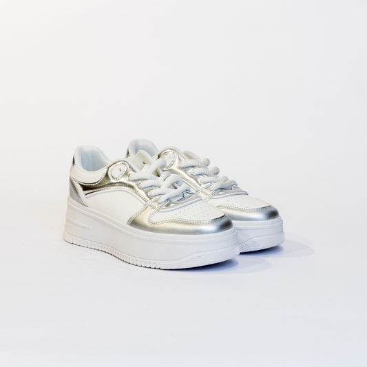 Sneaker Donna Bianca con inserti Argento metallizzato e para chunky