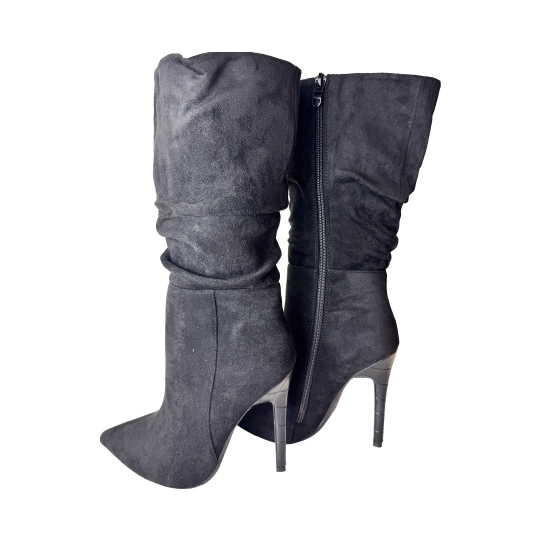 Tronchetto Donna Rosso di Sera in Camoscio Nero - Tacco Fantasia Cocco