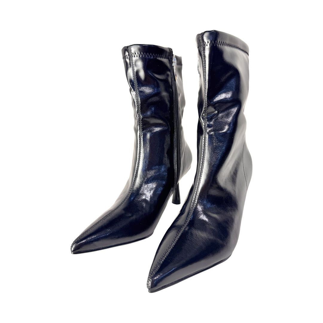 Tronchetto Donna 'Rosso di Sera' Nero Lucido Punta e Tacco 7 cm - Ecopelle Elegante