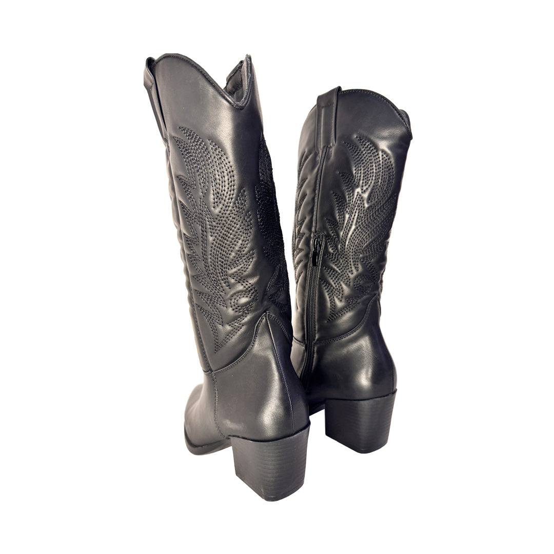 Stivale Texano Donna Estrodonna Nero – Ricamo Fiamma e Tacco 6 cm