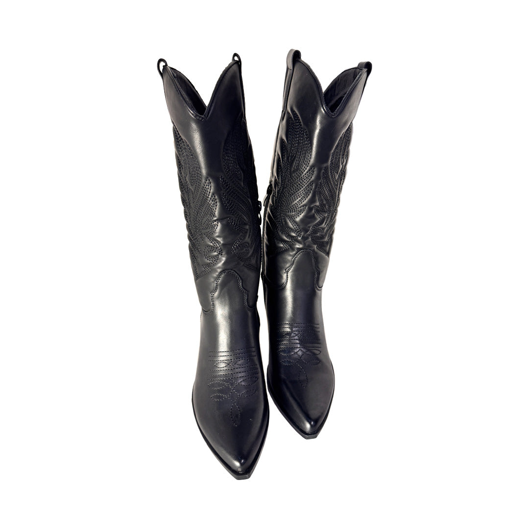 Stivale Texano Donna Estrodonna Nero – Ricamo Fiamma e Tacco 6 cm