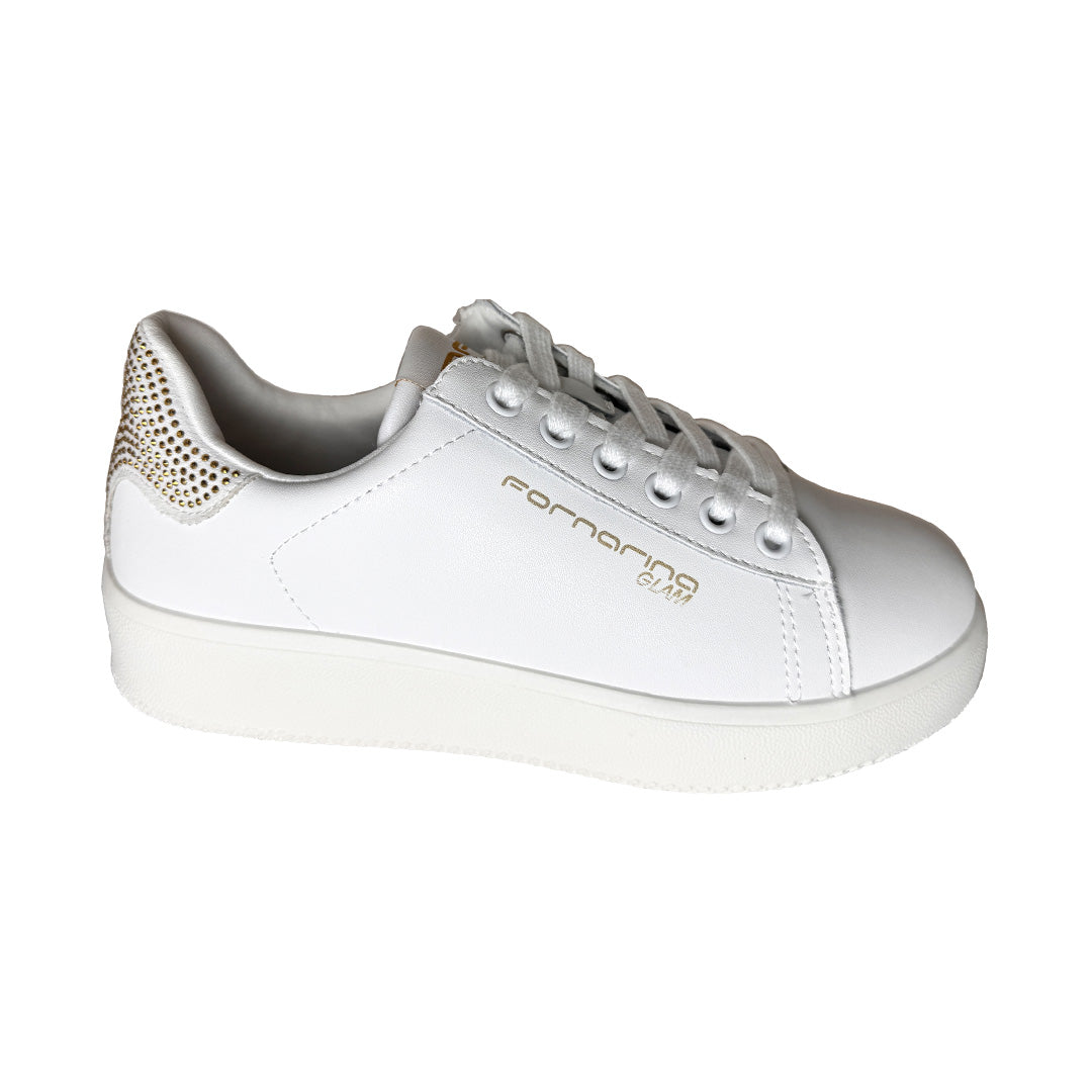 Sneaker Donna Fornarina Bianca – Dettaglio Strass Gold e Suola 2 cm