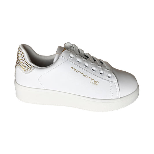 Sneaker Donna Fornarina Bianca – Dettaglio Strass Gold e Suola 2 cm
