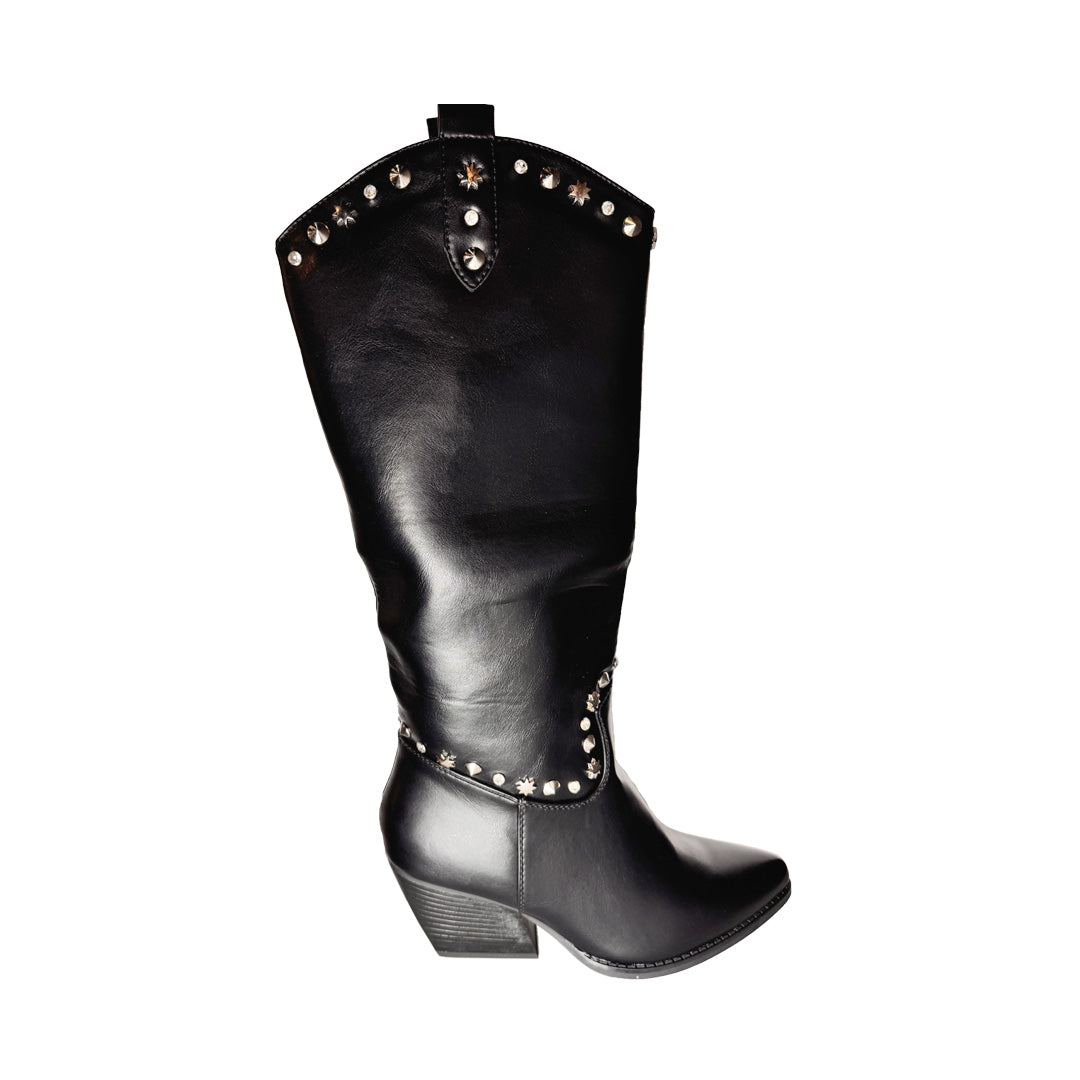 Stivale Texano Rosso di Sera in Ecopelle Nero con Borchie