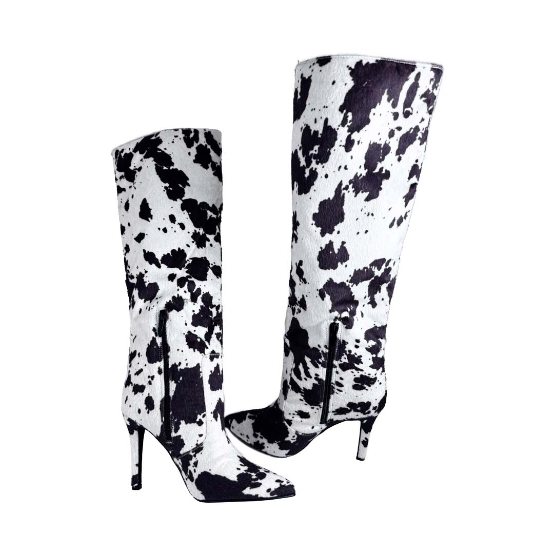 Stivale Effetto Muccato in Ecopelle – Tacco 9 cm – Fantasia Panna e Cioccolato