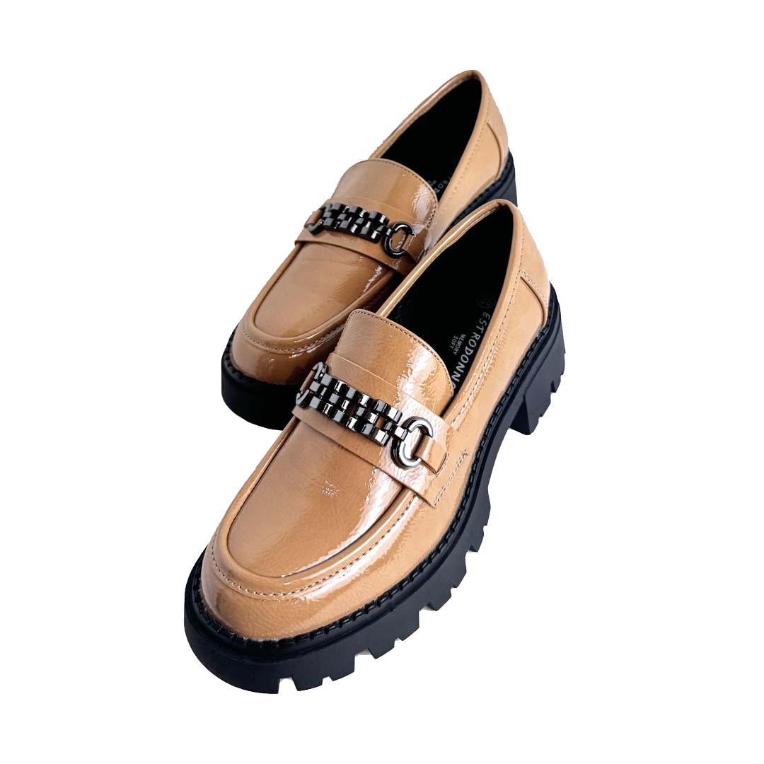 Mocassino Donna Naplak Caramello con Catena e Suola Carrarmato – Tacco 20 mm
