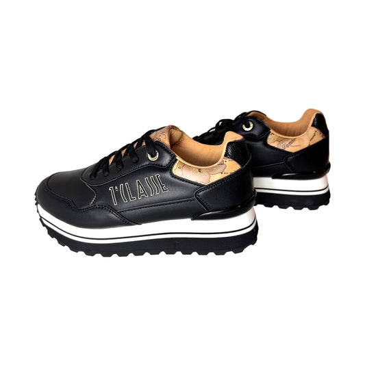 Sneaker 1° Classe in Pelle Nera – Suola Bicolor e Dettagli Beige – H 30mm