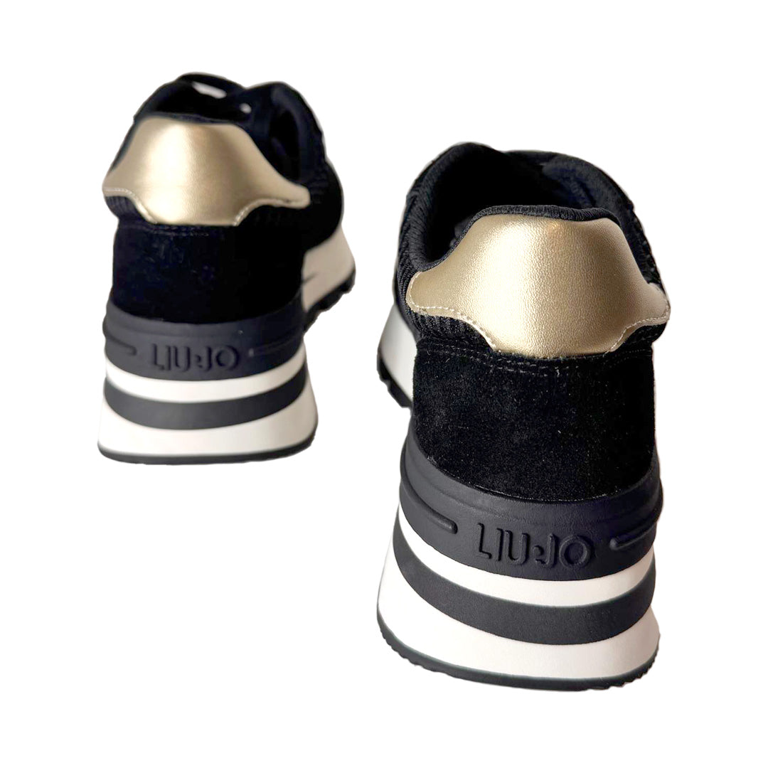 Sneaker 1° Classe Nero in Tela e Suede – Dettaglio Gold – H 30mm