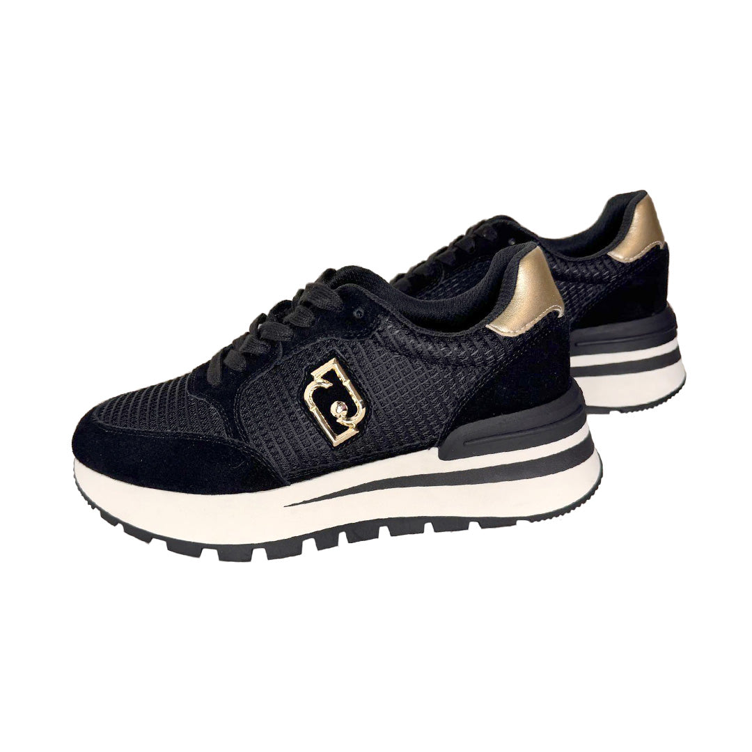 Sneaker 1° Classe Nero in Tela e Suede – Dettaglio Gold – H 30mm