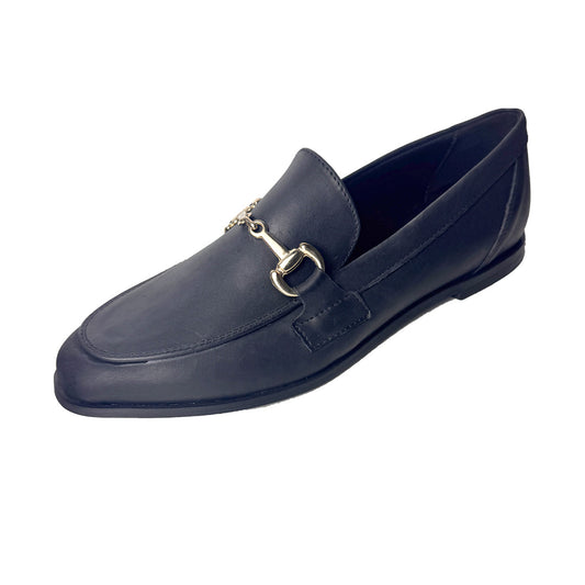 Mocassino Artigianale in Pelle Nera Effetto Vintage con Catena Oro