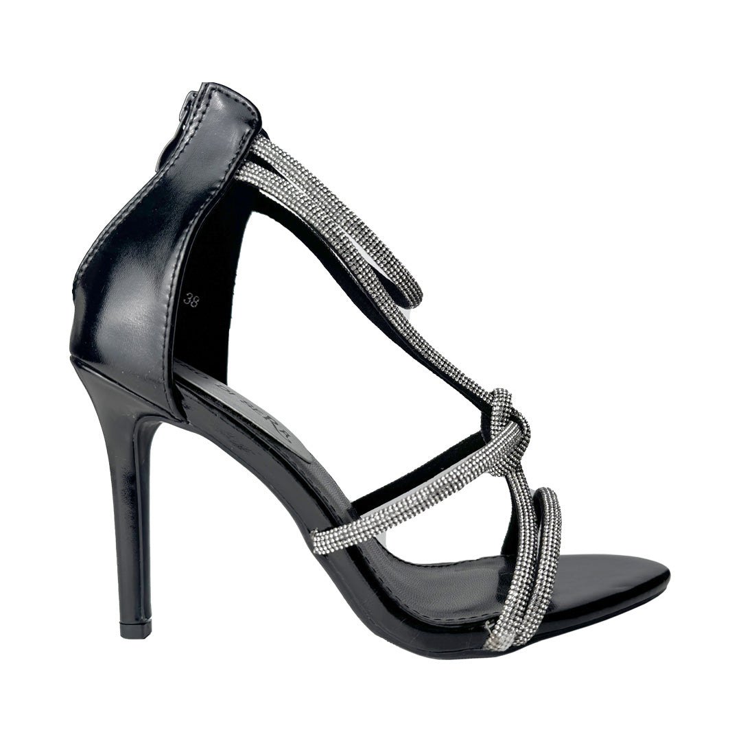 Sandalo nero Rosso di Sera con nodo in strass – Tacco 10 cm