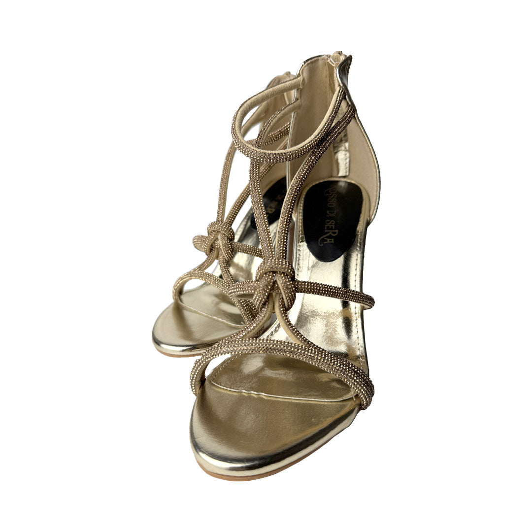 Sandalo oro Rosso di Sera con nodo in strass – Tacco 10 cm