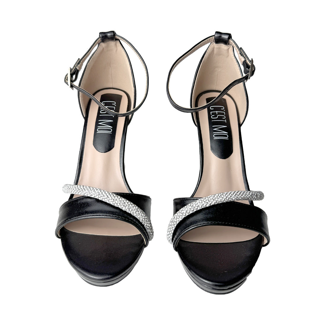 Sandalo nero C’est Moi con plateau e strass – Tacco 10 cm