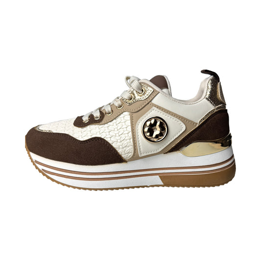 Sneaker tricolore Defilè marrone panna oro con para alta