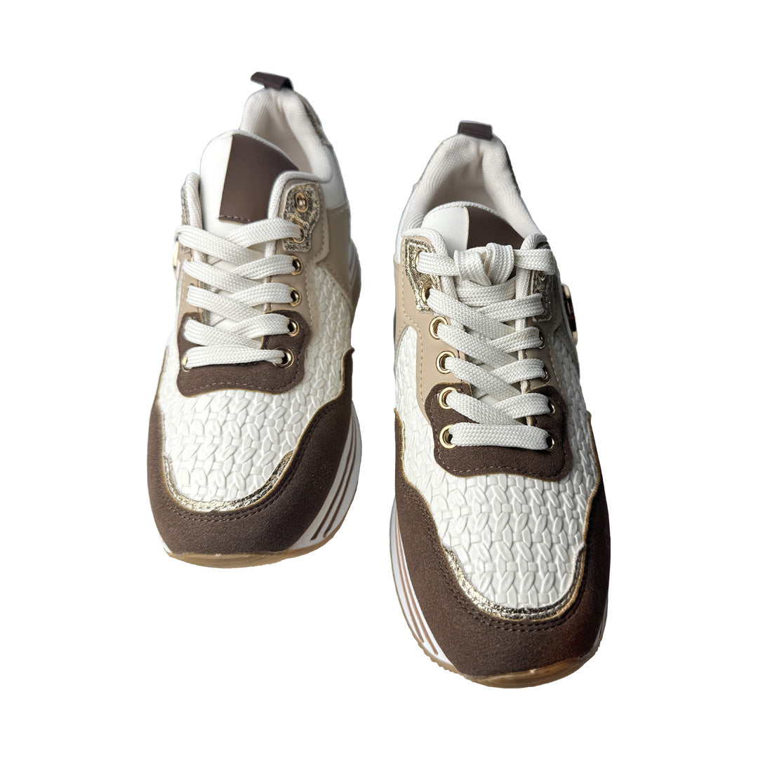 Sneaker tricolore Defilè marrone panna oro con para alta