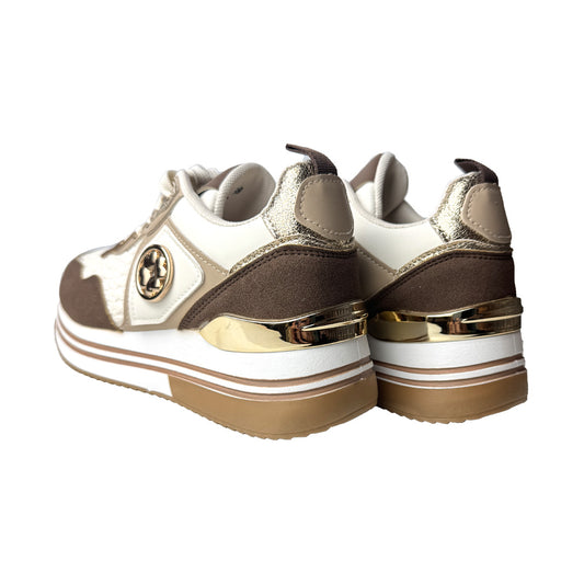 Sneaker tricolore Defilè marrone panna oro con para alta