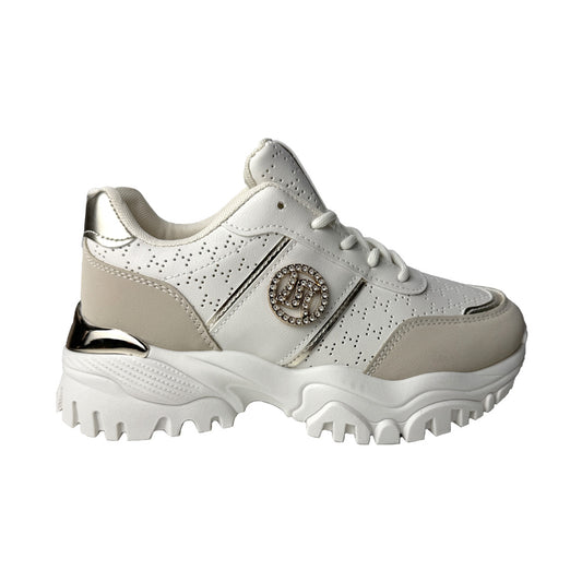 Sneaker panna e beige Defilè traforata con strass e suola carrarmato