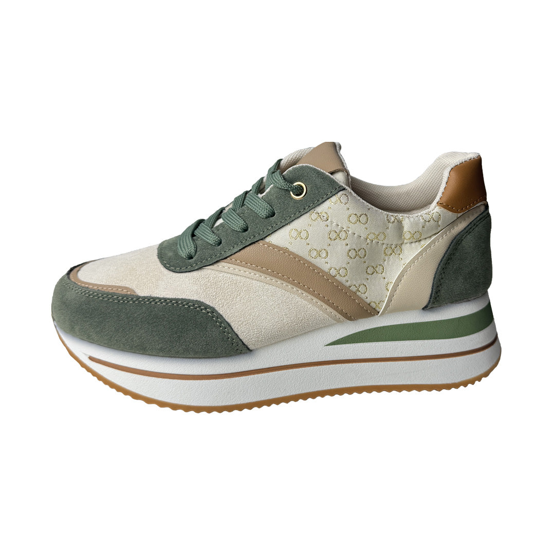 Sneaker sabbia e verde oliva C’est Moi con fantasia infinity oro e para alta