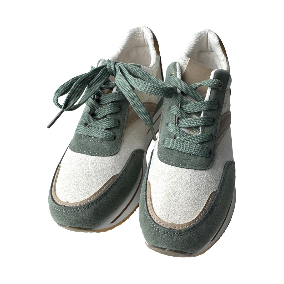 Sneaker sabbia e verde oliva C’est Moi con fantasia infinity oro e para alta