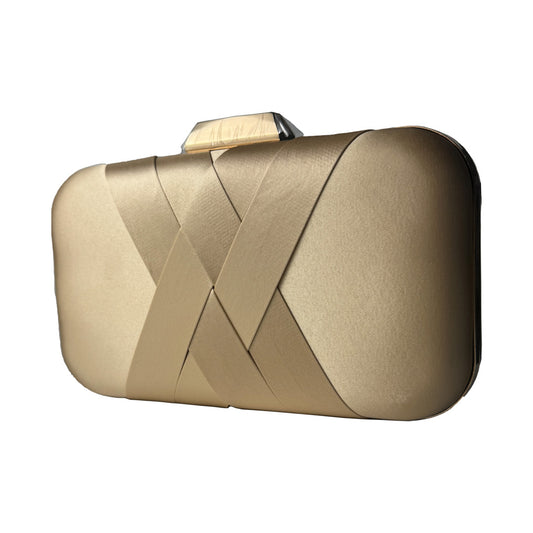 Pochette Defilé da Sera in Raso Champagne con Cristallo e Dettagli Oro