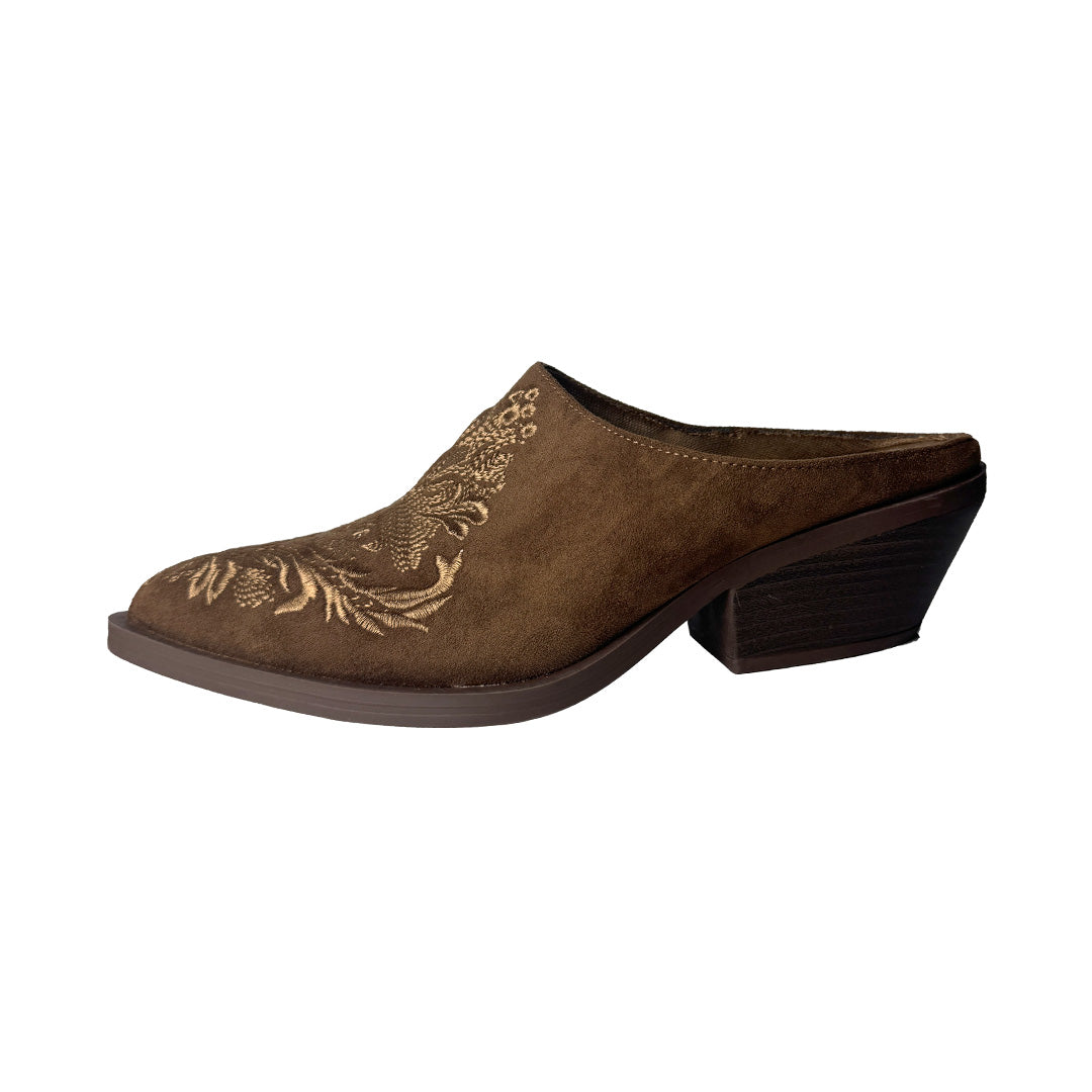 Sabot Donna Cognac in Camoscio con Ricamo Floreale Oro Defilè - Tacco a Blocco