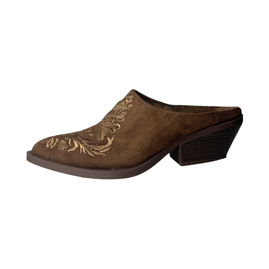 Sabot Donna Cognac in Camoscio con Ricamo Floreale Oro Defilè - Tacco a Blocco