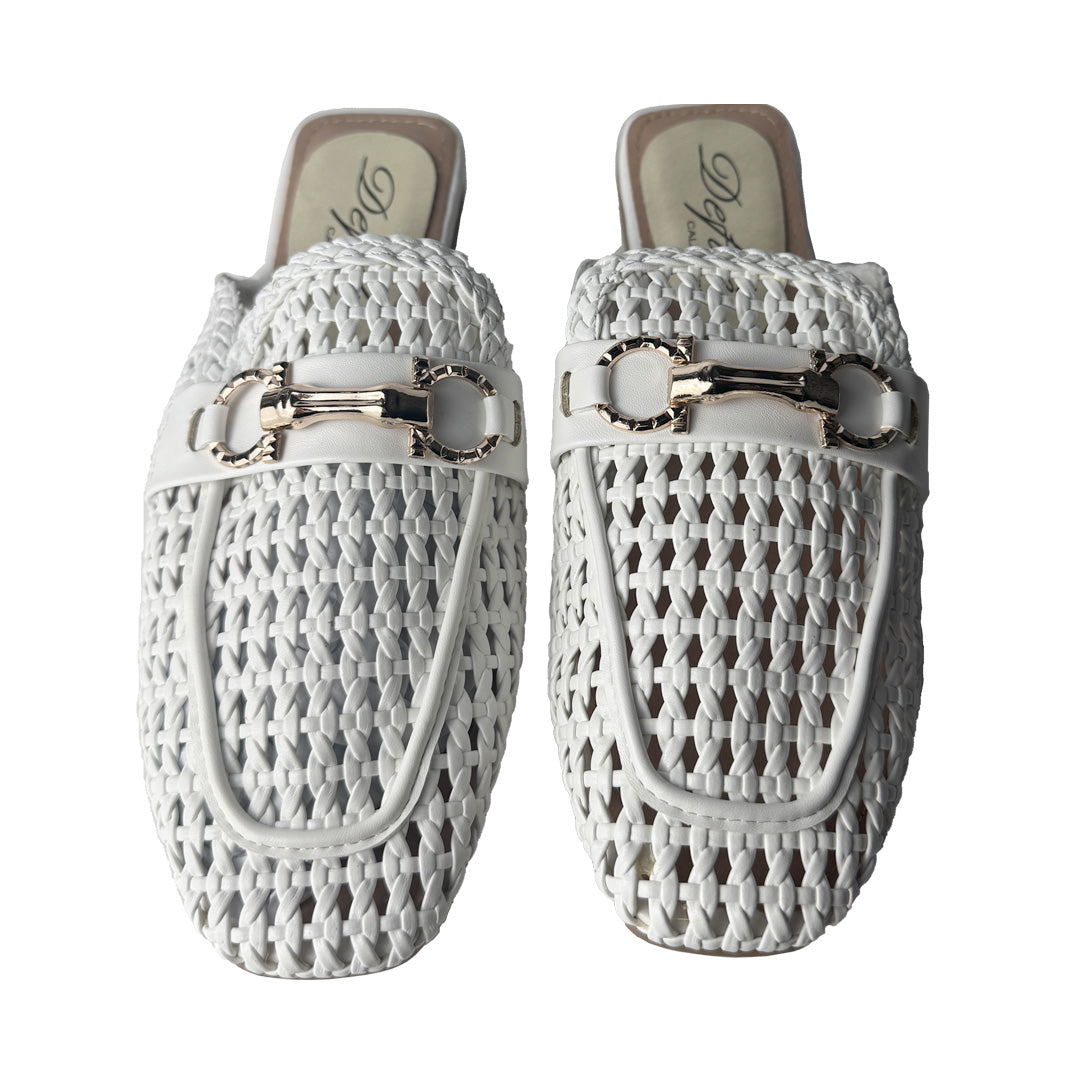 Defilè Ciabattina Bianca Macramé Traforata – Morsetto Oro Flat