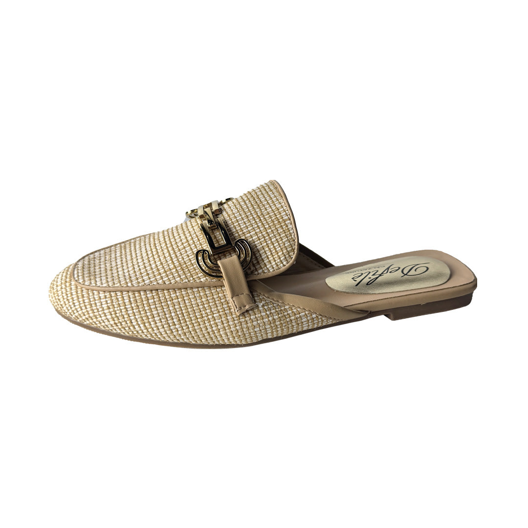 Defilè Ciabattina Rafia Sabbia – Catena Oro Mule Flat