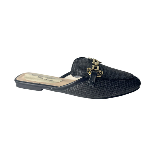 Defilè Ciabattina Rafia Nera – Catena Oro Mule Flat
