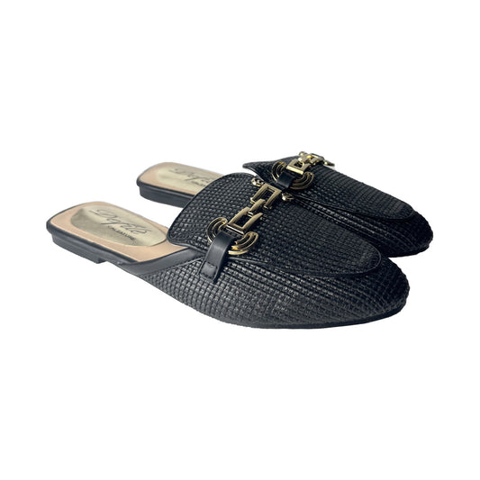 Defilè Ciabattina Rafia Nera – Catena Oro Mule Flat