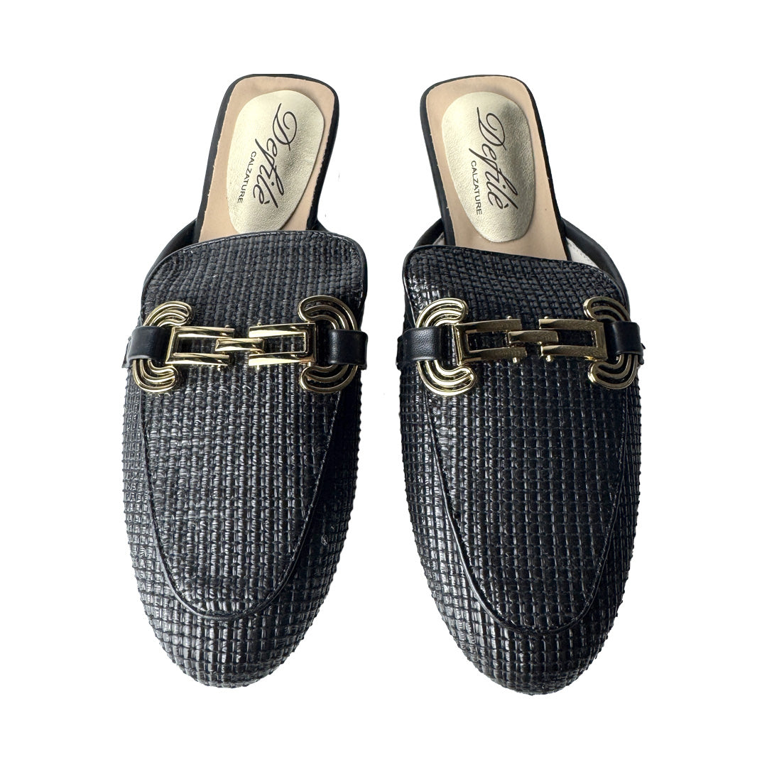 Defilè Ciabattina Rafia Nera – Catena Oro Mule Flat