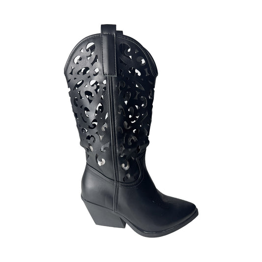 Defilè Stivali Texani Donna Neri – Gambale Traforato Laser Cut Barocco e Tacco Blocco