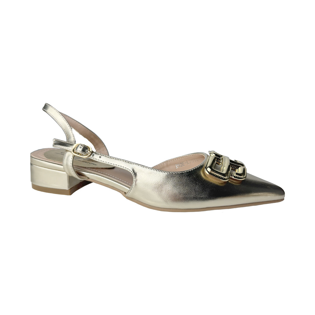 Slingback Donna in Vernice Platino con Inserto Gioiello Oro e Tacco Basso – Defilè