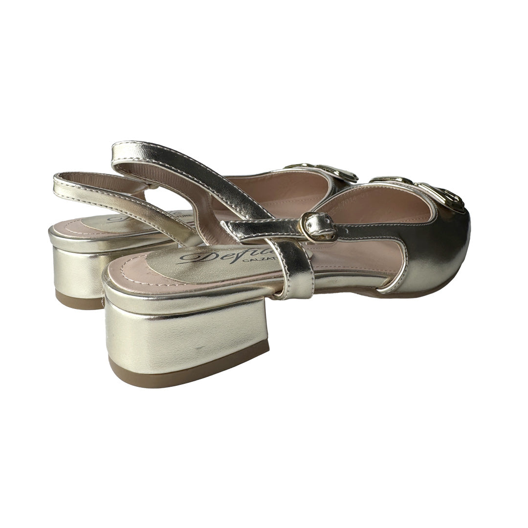 Slingback Donna in Vernice Platino con Inserto Gioiello Oro e Tacco Basso – Defilè