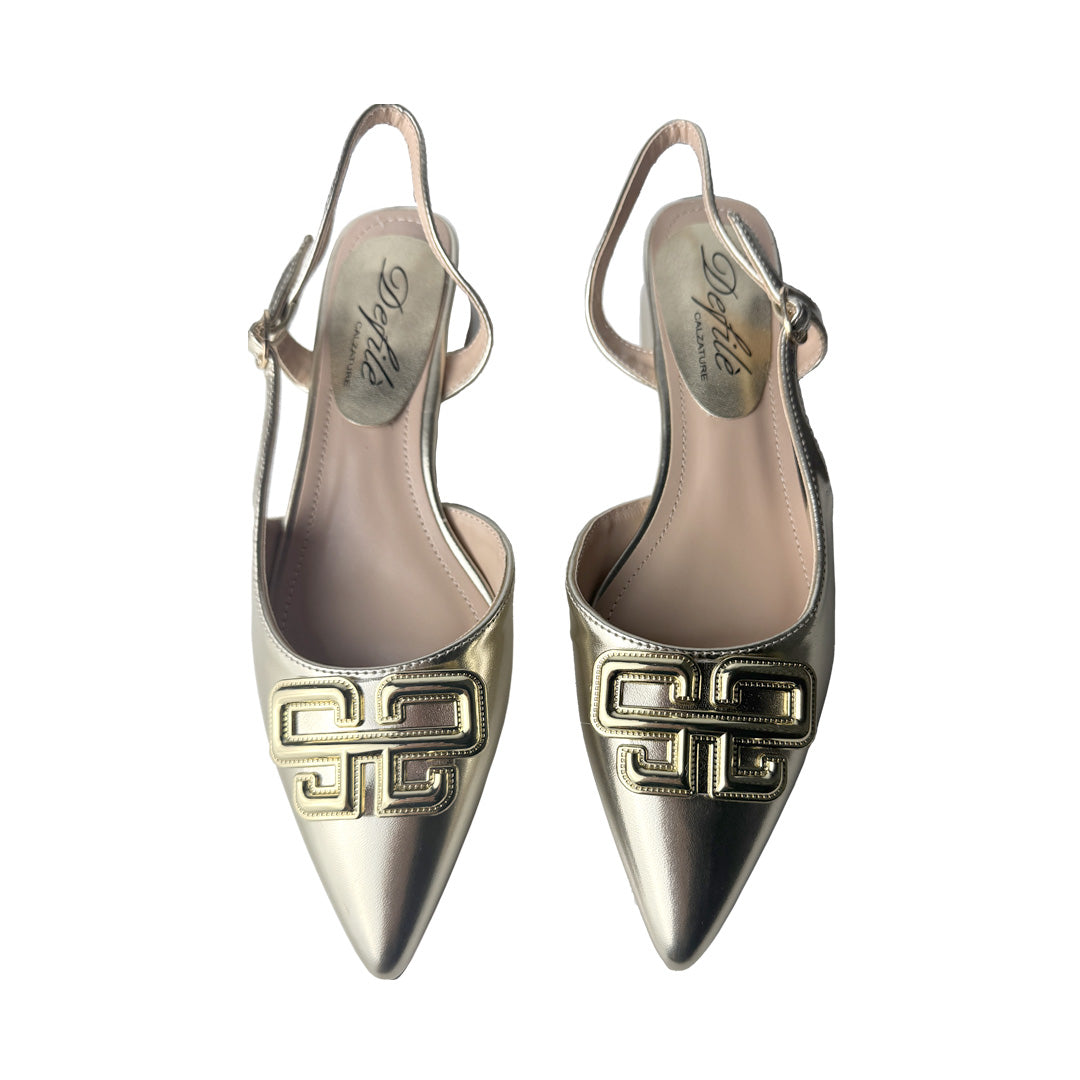 Slingback Donna in Vernice Platino con Inserto Gioiello Oro e Tacco Basso – Defilè