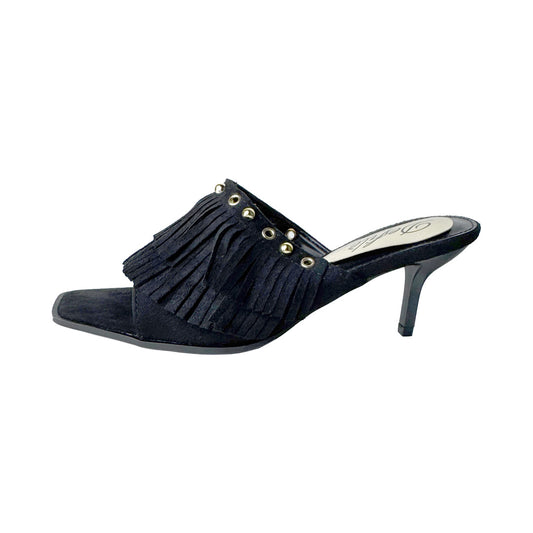 Sabot Donna Camoscio Nero con Frange e Borchie Oro – Defilè