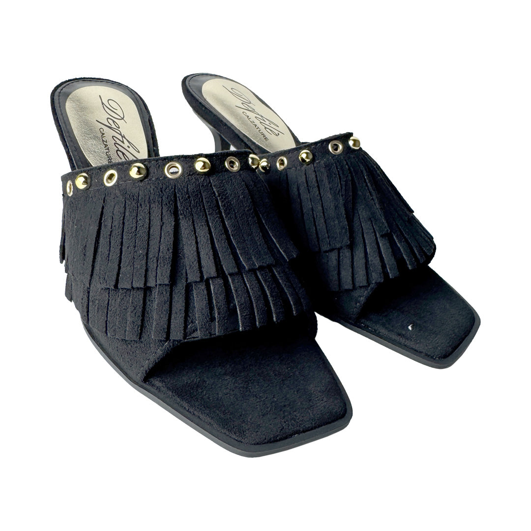 Sabot Donna Camoscio Nero con Frange e Borchie Oro – Defilè