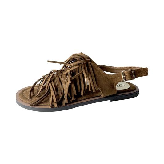 Sandalo Donna Flat con Frange in Camoscio Marrone – Defilè