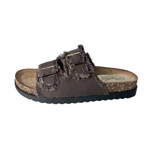 Sandalo Flat Denim Marrone Sfrangiato con Doppia Fascia e Fibbie Oro – Defilè