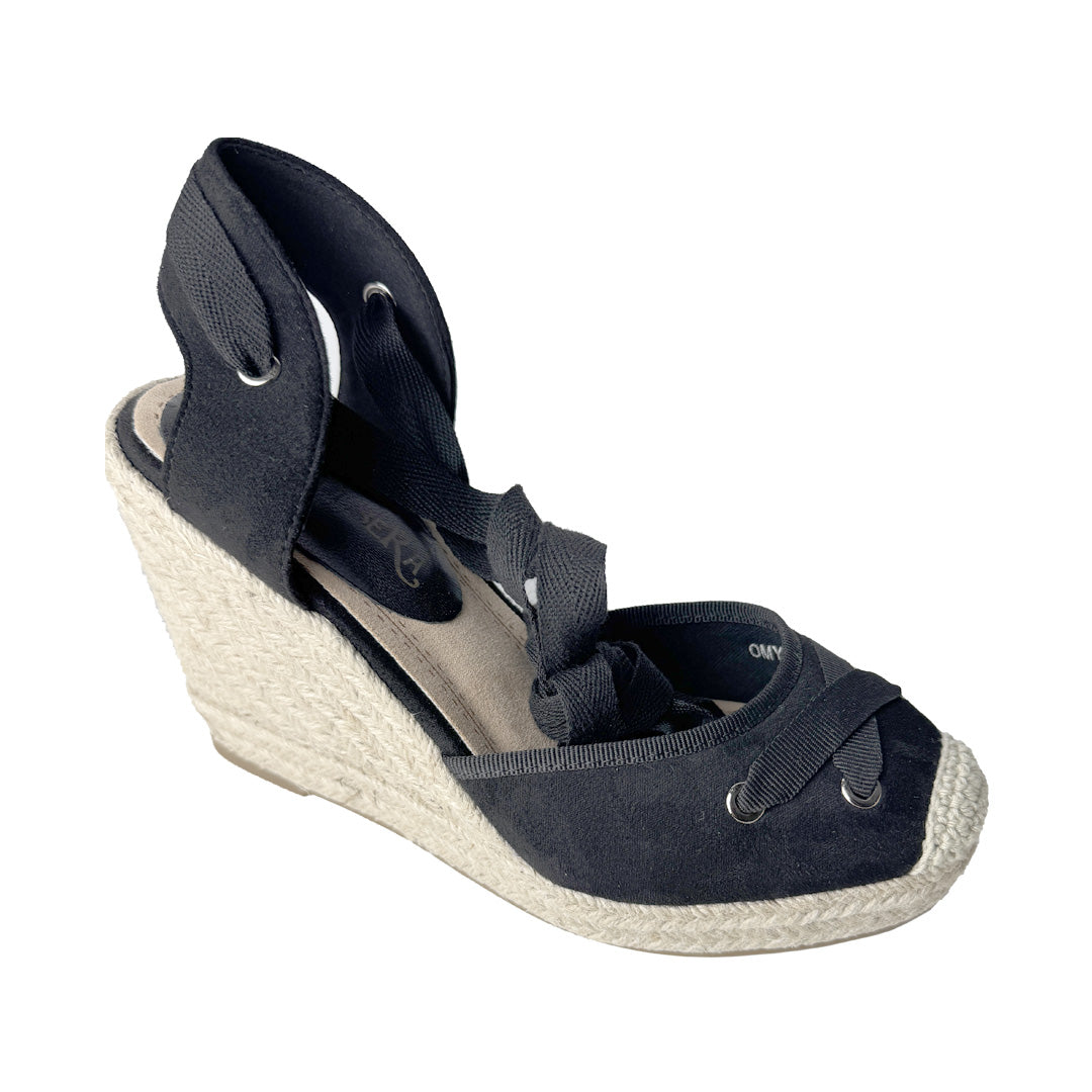 Espadrillas Nere con Zeppa Alta in Corda e Lacci – Rosso di Sera