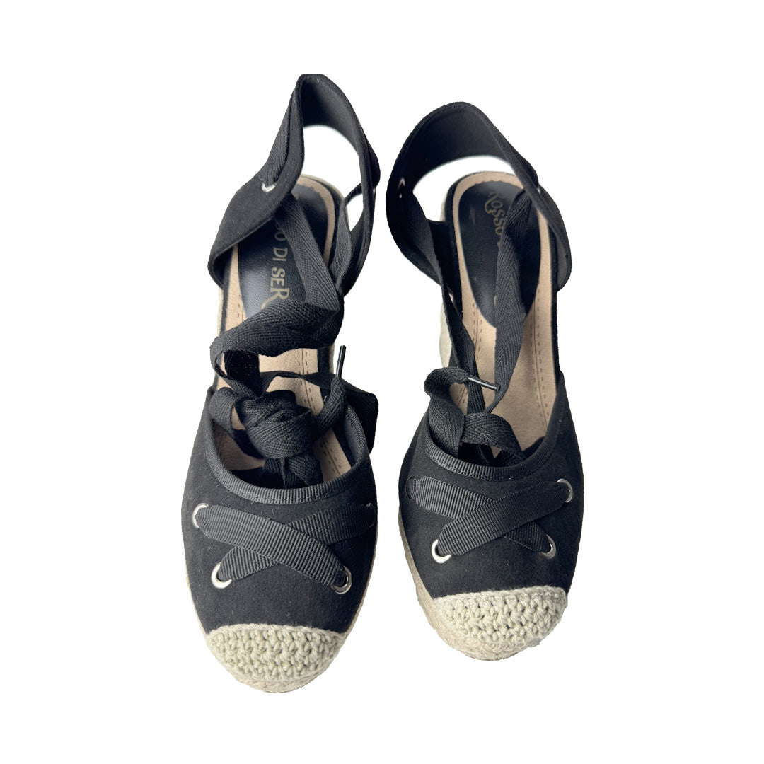 Espadrillas Nere con Zeppa Alta in Corda e Lacci – Rosso di Sera