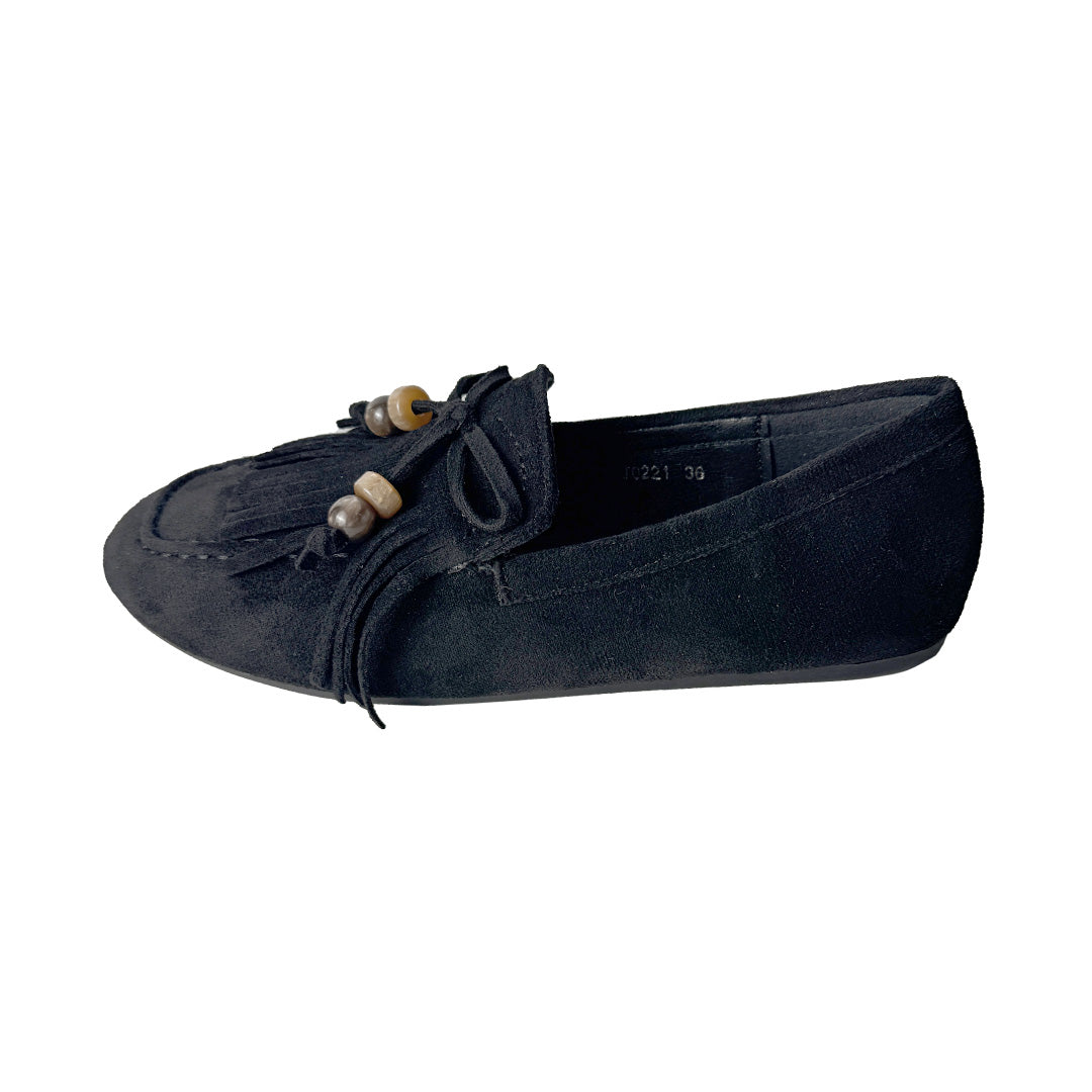 Mocassino Donna in Camoscio Nero con Frange e Perline – Defilè