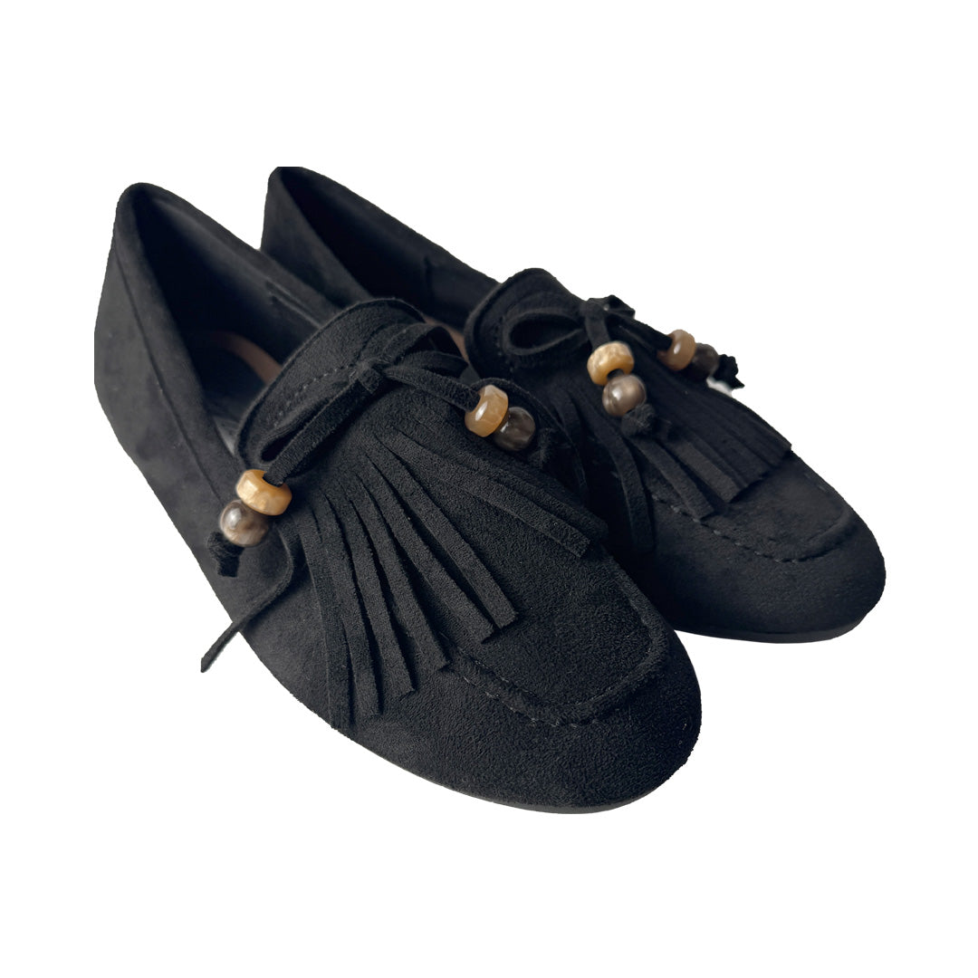 Mocassino Donna in Camoscio Nero con Frange e Perline – Defilè